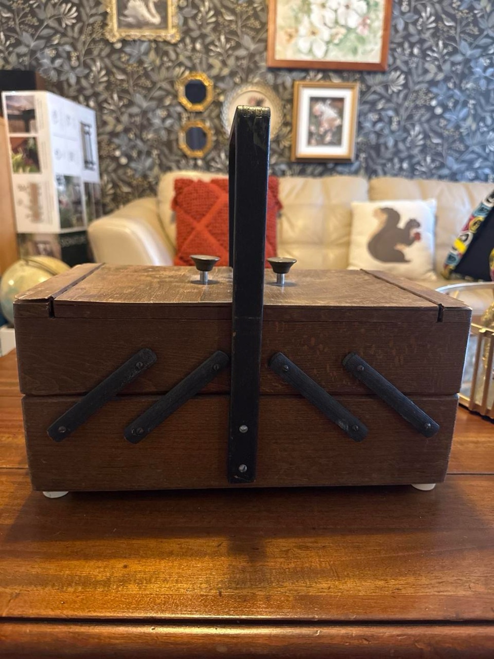 Source Unknown Brown Wooden Tiered Sewing Box with Black Handle